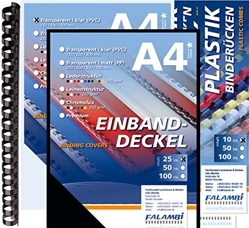 100 teiliges Starterset für Plastikbindegerät - Binderücken 6-14mm, Einbanddeckel, Deckelfolien