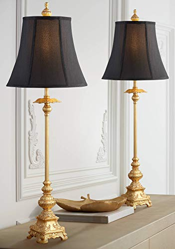 Regency Hill Juliette Traditional French Country Buffet Table Lamps 36.5 Tall Skinny Set of 2 Glam Luxury Style Gold Candlestick Black Fabric Bell Shade for Living Room House Home Entryway
