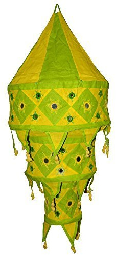 Pantalla lámpara India Verde-Amarilla algodón 75 cm Oriental para Colgar decoración