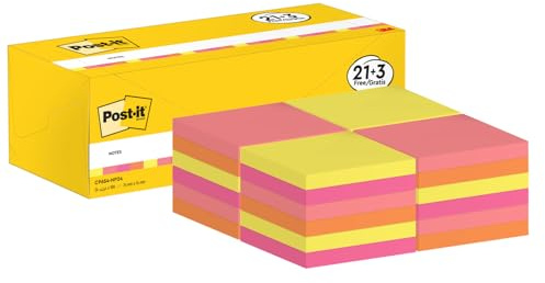 Post-it Notes, 21 + 3 Gratis-Blöcke (2400 Blatt), 76 x 76 mm, Neon-Farben | Selbstklebende Haftnotizen, Praktische Klebezettel für Bürobedarf, Meetings, Erinnerungen, To-Do-Listen und zum Organisieren