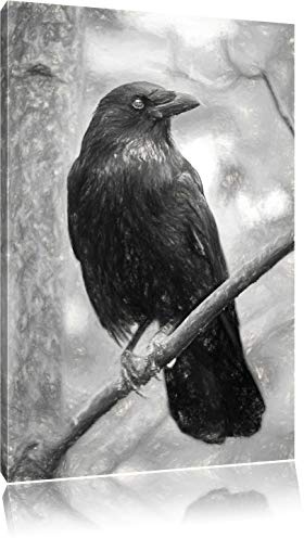 Pixxprint schwarzer Rabe auf Ast, Größe: 100x70cm, Leinwandbild, fertig gespannt, Wandbild, Dekoration, Kunstdruck, kein Poster