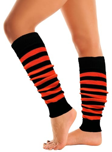 Mysocks benvärmare extra mjuk snygg tjusig vinter 80-talsfest dans neon långa benvärmare för kvinnor flickor damer, Randig orange svart, en storlek