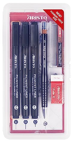 Aristo AR80087 Pigmentliner 6-teiliges Schul-Set (3 Pigmentliner 0,30/0,50/0,70 mm, 1 Druckbleistift Geo-Pen 0,5 mm inkl. 12 Ersatzminen, 1 Radiergummi) schwarz