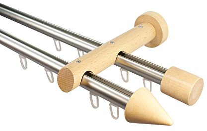 Innenlauf Gardinenstangen 2-läufig aus Aluminium und Holz Farbe Edelstahl Buche, 20 mm, Endstück Kegel, 280 cm (2 x 140 cm)