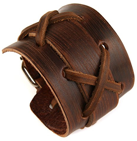 HZMAN Authentic Wide Genuine Leather Casual Mens Brown Cuff Bangle Bracelet
