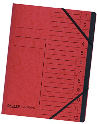 FALKEN Ordnungsmappe aus Colorspan-Karton DIN A4 12 Fächer rot | 2 Gummizüge mit Organisationsdruck Ringmappe Register-Mappe