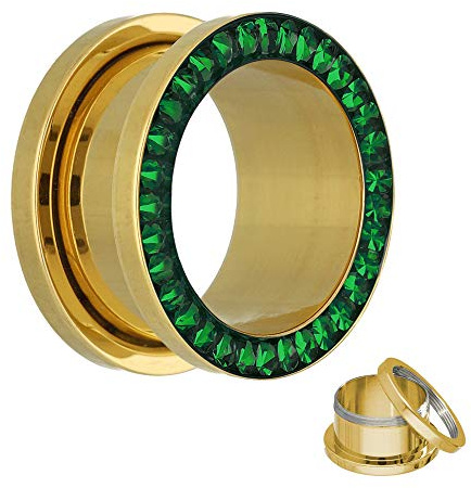 Kristall Flesh Tunnel in Gold - mit Grünen Kristallen - 17 Größen: 2 - 30mm - schraubbar - mit Kristallschutz! - Piercing Ohr Flesh Tunnel aus goldenem Chirurgenstahl 316L (nickelfreier Edelstahl)