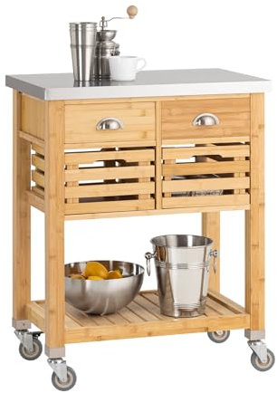 SoBuy Servierwagen mit Rollen Küchenwagen mit Arbeitsplatte und 2 Körben Küchenregal Kücheninsel Freistehend Rollwagen Teewagen Küche mit Beistelltisch Holz für Küche, Wohnzimmer, Outdoor FKW40-N