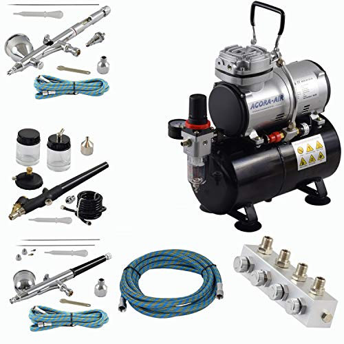 Agora-Tec® Airbrush Komplett-Set PROFI XIII.13, inkl. Kompressor mit 4 bar, 20l/min und 3 Liter Tank + 3 Airbrushpistolen mit 0,2 & 0,3 & 0,5 & 0,8mm Nadeln/Düsen + regelbaren 4-fach Luftdruckverteiler + 3 Schläuche + Adapter