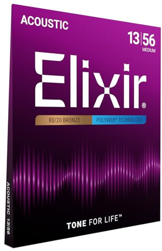 Elixir Strings, Acoustic Guitar Strings, 80/20 Bronze with POLYWEB Technology, Longest-Lasting Warm Tone with Comfortable Feel, 6 String Set, Medium 13-56