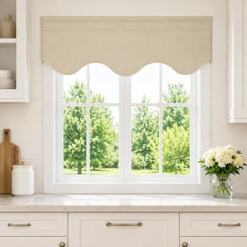 Aquazolax Fensterschmuck, Querbehang mit Stangenschlaufen, Querbehang mit Bogenkante für Schlafzimmerfenster, ca. 132 cm x 46 cm (B x L), 1 Schal, Beige