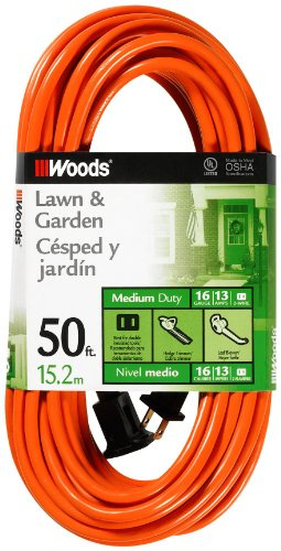 Southwire Woods 50ft Outdoor Extension Cord – Bright Orange, 16/2 Two-Prong – Durable SJTW Jacket for Landscaping & Light-Duty Power – Molded Plug