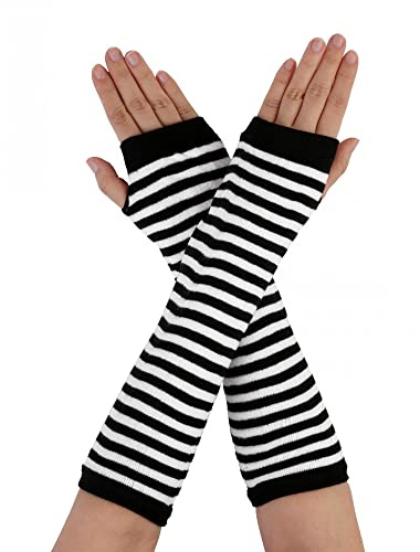 Allegra K sourcing map Damen Gestrickte Fingerlose Daumenloch Ellenbogenlange Handschuhe mit Streifenmuster 1 Paar Schwarz-Weiss One Size