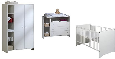 Schardt Kinderzimmer Eco Stripe bestehend aus Kombi-Kinderbett 70x140 cm (inklusive Umbauseiten), Wickelkommode mit Wickelaufsatz und 2-türigem Kleiderschrank