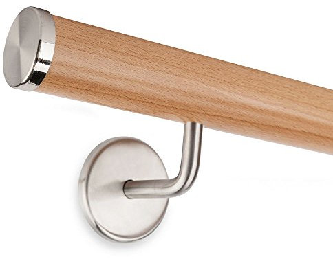 Handlauf Set Holz Buche 45mm inkl. Edelstahlkappen und 2 Haltern_neu (150 cm)