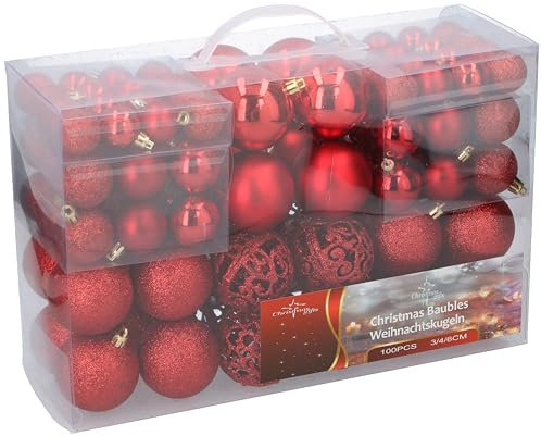 Set mit 100 Weihnachtskugeln – Dekoration – unzerbrechlich – für drinnen und draußen – Kunststoff – Ø3/4/6 cm – matt, glänzend, glitzernd und offen – rot