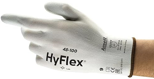 Ansell HyFlex 48-100 Guanti da Lavoro Sottili, Fodera Elastica con Rivestimento in Poliuretano, Protezione Professionale per Usi Generali e Manipolazioni Delicate, Bianco, Taglia S (12 Paia)