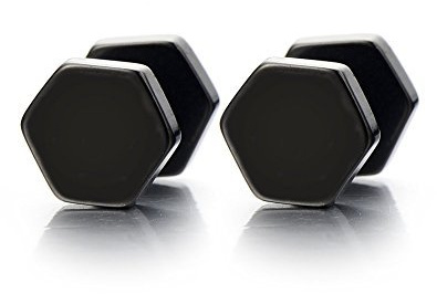 8MM Negro Hexágono, Enchufe falso Fake Plug, Pendientes de Hombre Mujer, Aretes, Acero Inoxidable, 2 Piezas