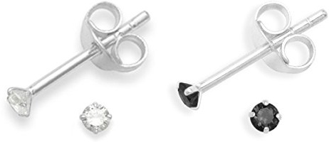 Set of 2 PAIRS Sterling Silver Cubic Zirconia stud Earrings - SIZE: TINY 2mm - Very Small & discreet - Jet Cubic Zirconia & Clear - Gift Boxed 5549BKZ