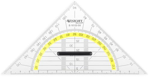 Westcott Geometriedreieck 14 cm mit abnehmbarem Griff | Transparentes Geometrie-Dreieck aus Kunststoff mit gelber Skala | Technische Skala & Winkelmesser für Schule, Uni oder Büro | E-10133 00