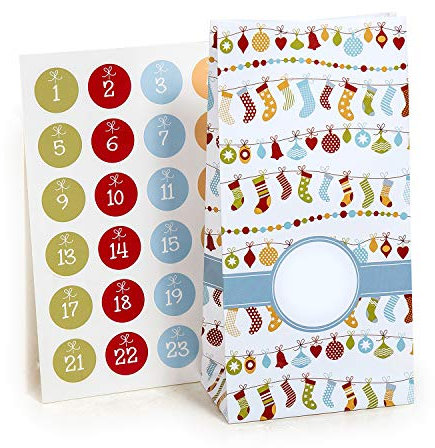 pajoma® Adventskalender zum Befüllen Nicholas Surprise – 24 beschichtete Papiertüten mit Adventszahlen Aufklebern | DIY Weihnachtskalender Bastelset | Geschenktüten Weihnachten