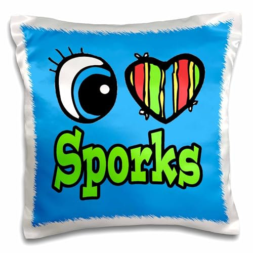 3dRose LLC. Bright Eye Heart I Love Sporks-Pillow Case, (pc_106556_1), Satin, White, Square_16_inches