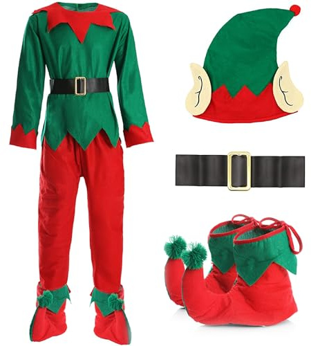 Men’s Christmas Elf Costume - 5 Piece Outfit with Green Top, Red Trousers, Hat, Black Belt and Boots - Perfect Men’s Santa Helper Fancy Dress for Christmas and Nativity Events