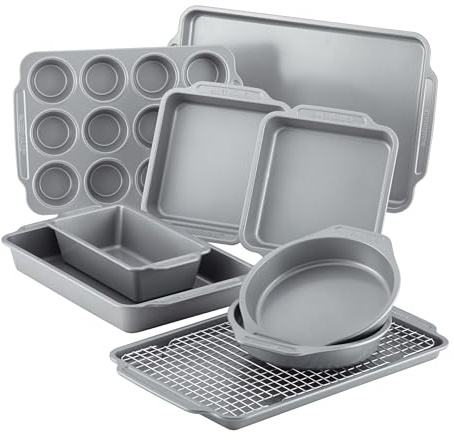 Farberware Nonstick Steel Bakeware Set with Cooling Rack, Baking Pan and Cookie Sheet Set with Nonstick Bread Pan and Cooling Grid, 10-Piece Set, Gray