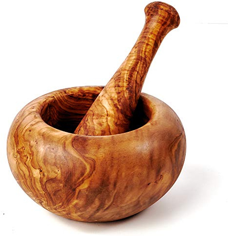 Mörser und Stößel aus Holz, Olivenholz runder Rand (ca. 12cm Durchmesser)