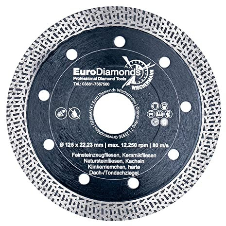 Profi Diamant Trennscheibe Granit SUPERCUT 125 mm Fliesenscheibe extra dünn für Handmaschinen Trennen und Schneiden von Naturstein Feinsteinzeug Fliesen Dachziegel extrem leichtläufig