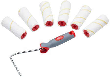 ProDec Advance 7 Piece 4 Jumbo Core 4 Short Pile Microfibre Mini Paint Rollers for Emulsion, Gloss, Satin, Woodstains and Varnishes with Soft Grip Frame