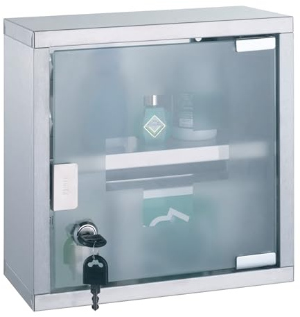 MSV Medizinschrank Arzneischrank Medikamentenschrank Hausapotheke aus Edelstahl,25 x 12 x 25 cm „Tip –on“ Automatik, Montagematerial und 2 Schlüssel inclusive