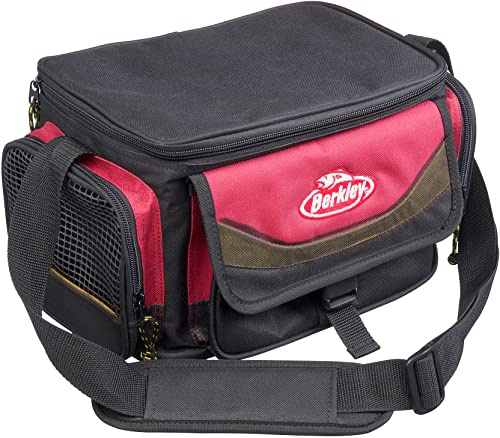 Berkley system axelväska med 4 handtag lådor perfekt för fisketillbehör, bete och lunchförvaring L röd/svart