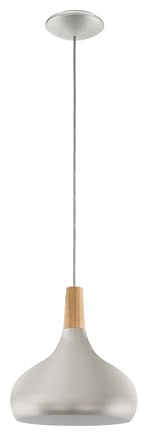 Eglo Lámpara colgante Sabinar, lámpara de techo de 1 luz | lámpara suspendida de acero y madera, color: plata cepillada, marrón, casquillo: E27, Ø: 28 cm