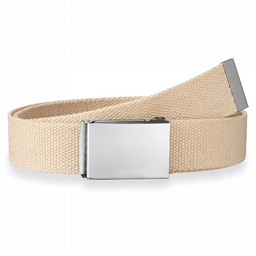 WedDecor Unisex Webbing Belt Fits 26-51 Inches Army Combat Style Cotton Fabric Canvas Material With Shiny Silver Buckle Slide Catch Clamp for Casual Wear -Biege