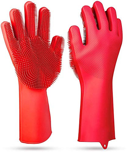 H&RB Magic riutilizzabili in Silicone Guanti da lavastoviglie | Coppia Guanti di Gomma per Lavare i Piatti | Lavare i Guanti di Pulizia con spugne per Lavare Cucina, Bagno, Auto e Altro,Red,5pcs