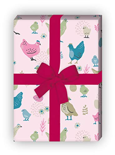 Lustiges Hühner Geschenkpapier mit Küken und Eiern auch zu Ostern, rosa, für schöne Geschenkverpackung zum Einpacken 32 x 48cm, 4 Bögen für Geburtstage, Hochzeit, Weihnachtsgeschenke, Dekorpapier