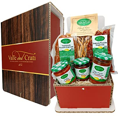 Valle del Crati Cesto di Pasqua Piccante con 6 prodotti | Cestino di Pasqua con Soppressata, Salsiccia, Crema di Nduja, Sugo Piccante, Fileja e Peperoncino | Cesto Regalo Pasquale