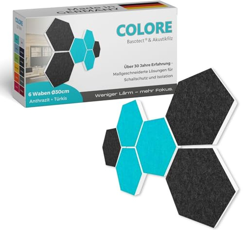 platino24 Akustikpaneele 6 Elemente Colore Waben Ø 30 cm Anthrazit + Türkis I Schallabsorber aus Basotect G+ mit Akustikfilz I Schalldämmung Wand & Decke I Akustikelemente Wandpaneel