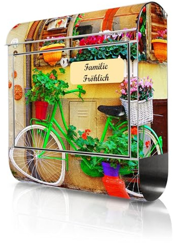 banjado Briefkasten Edelstahl personalisiert 38x43x12cm & 2 Schlüssel - rostfreier Edelstahl Briefkasten mit Zeitungsfach - Postkasten A4 Einwurf inkl. Montagematerial - Motiv Grünes Fahrrad