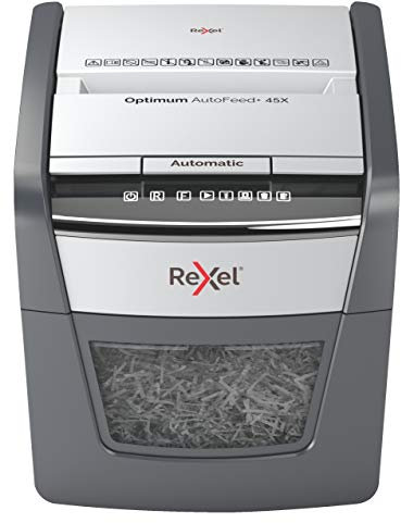 Rexel Optimum AutoFeed+ 45X Automatischer Aktenvernichter CH, 45 Blatt, Sicherheitsstufe P4, Partikelschnitt, für Zuhause/Home Office, 20 Liter Abfallbehälter, mit Schweizer Netzstecker, 2020045XCH