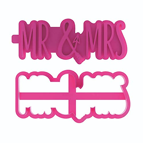 LissieLou Mr & Mrs in a Line with Arrow Cookie Cutter and Stamp Wedding Icing Stamp Fondant Embosser - Light Pink
