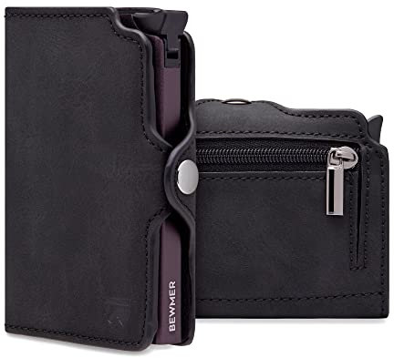 BEWMER Porta Carte di Credito 1 ZIP Schermato | Portafoglio Slim da Uomo e Donna | Porta Tessere e Documenti con Rfid Protection e Fermasoldi in Carbon Fiber (Nero Opaco con Zip)