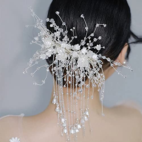 Haarschmuck Hochzeit Weiß Blumen Kopfschmuck Braut Stirnbänder Brautschmuck Haare Hochzeitsschmuck Damen Haarreifen mit Quasten für Brautjungfern Mädchen Abschlussball
