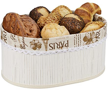 Relaxdays Brotkorb, Paris Design, Bambus, abnehmbare Stoffeinlage, HxBxT: 16 x 34 x 24 cm, ovaler Frühstückskorb, weiß