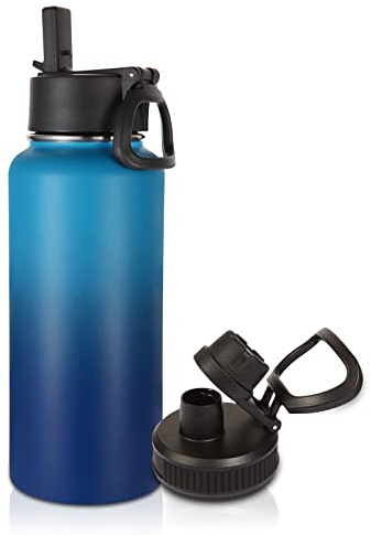 Volhoply 1 liter isolerad vattenflaska med sugrör lock och spout lock, Stainless Steel Sports Water Bottle, Double Wall Vacuum Cups, läckagesäker metallflaska med bred mun för vandring