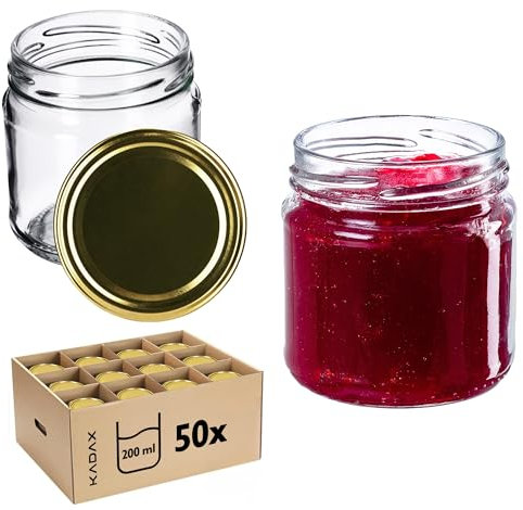 KADAX Lot de 50 bocaux 200 ml avec couvercles à vis Ø 66 mm – bocaux à dessert à parois épaisses, hermétiques, lavables au lave-vaisselle, idéaux pour les confitures et conserves