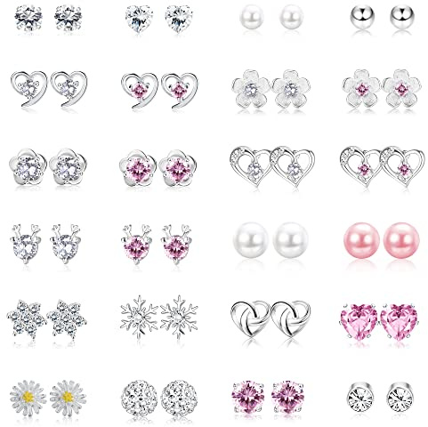 MILACOLATO 24 Paar Ohrringe Silber 925 Ohrstecker Silber Set Silber Ohrringe Damen Cubic Zirkonia Perle Kristall Runde Herzform CZ Blume Schmuck Für Frauen Mädchen