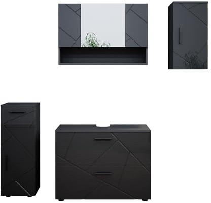 Vicco Badmöbel-Set Irma, Anthrazit Hochglanz, 80 cm | besteht aus Waschbeckenunterschrank, Spiegelschrank, Midischrank und Hängeschrank
