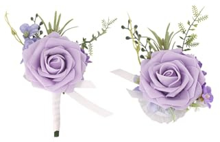 Yelinart Lilafarbene Ansteckblume und Ansteckblume für Hochzeit, Abschlussball, Heimkehr, künstliche Rosen, Herren, Bräutigam, Trauzeugen, Ansteckblume und Damen, Brautjungfern, Armband,